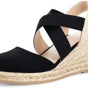 Women's Black Closed Toe Wedge Sandals Leather Cushioned Platform Slip On